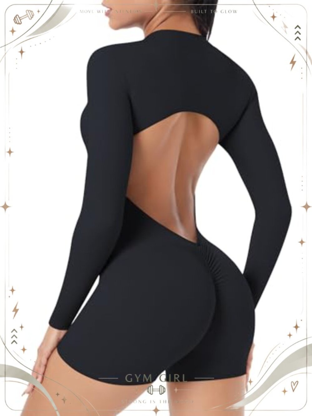 Zip Up Workout Jumpsuit Long Sleeve Backless Romper Bodysuit Gym Yoga